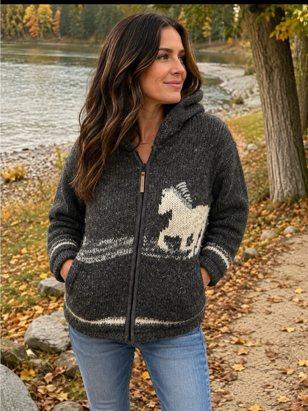 Kyber wool fleece lined Charcoal Hooded Zip Sweater with White Horse Motif